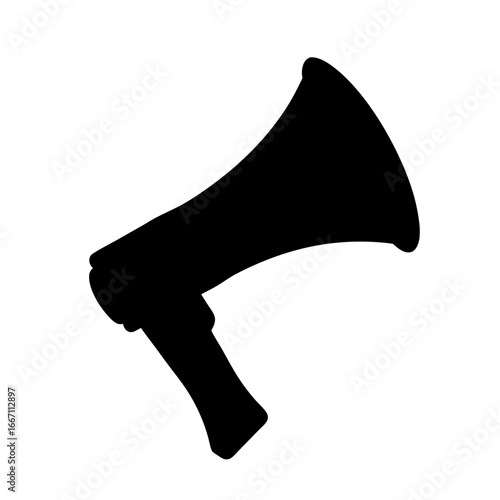 Black silhouette of a classic megaphone on a white plain background