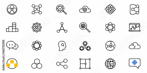 Modern data and science icon set for website, app, and presentations, representing technology, research, and innovation with simple and clean design