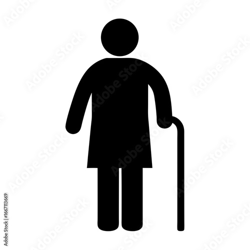 Symbolic representation of an elderly woman with walking cane on white background