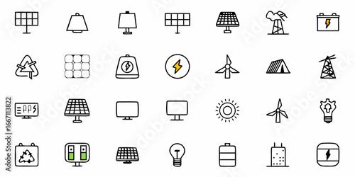 Sustainable Energy Solutions Icons Collection: Solar Panels, Wind Turbines and Eco-Friendly Power for a Greener Future, Clean Technology Concepts