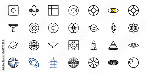 Explore a modern universe with these geometric icons, perfect for science, technology, or design projects, available for creative ventures