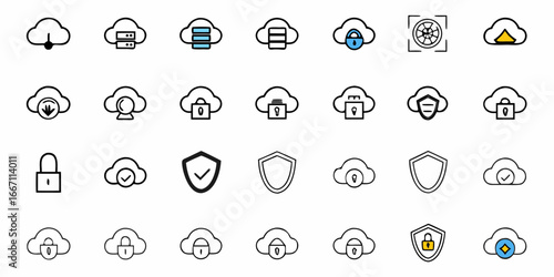 Secure Cloud Services Icon Set for Modern Tech and Business Designs, Showcasing Data Protection and Digital Security Solutions with Style and Clarity