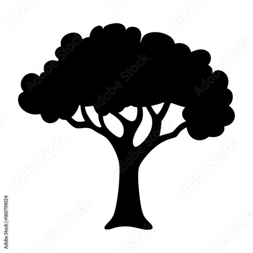 Silhouette of a broad, leafy tree with a sturdy trunk design