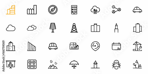 Diverse collection of line icons representing modern urban life, including buildings, cars, and nature, perfect for app design or creative projects