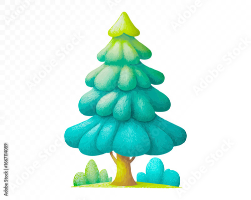 Watercolor illustration of a lush evergreen pine tree with layered green conifer branches, natural forest element, isolated on white. Vector illustration.	
