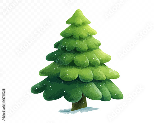 Watercolor illustration of a lush evergreen pine tree with layered green conifer branches, natural forest element, isolated on white. Vector illustration.	
