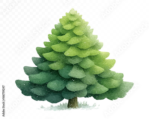 Watercolor illustration of a lush evergreen pine tree with layered green conifer branches, natural forest element, isolated on white. Vector illustration.	
