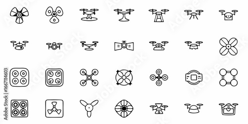 Doodle style drone icons and design elements offer modern tech appeal, perfect for apps, interfaces, and innovative projects, originally a scalable graphic