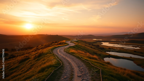Sunset Landscape with Winding Path and Reflective Pools