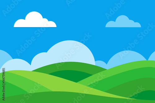 Stylized rolling green hills under a bright blue sky with fluffy clouds