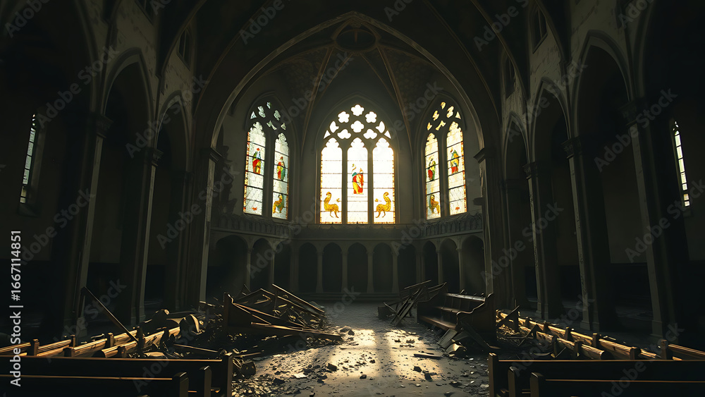 Fototapeta premium Sunlit Ruin Stained Glass and Debris in Abandoned Church Interior