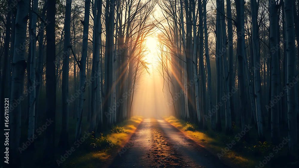 Obraz premium Sunlit Birch Forest Path with Morning Mist