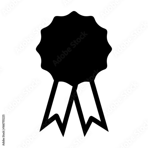 Simple black achievement or award rosette with trailing ribbons illustration isolated on white