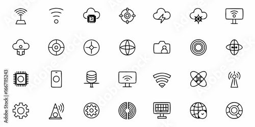 Diverse connectivity network icons depicting modern technology, data cloud, wifi, and internet solutions for a dynamic digital world