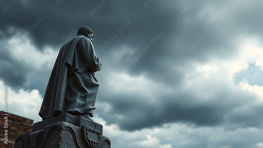 Fototapeta premium Stone Statue Contemplating a Dramatic Stormy Sky