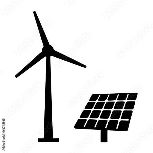 Renewable energy sources wind turbine and solar panel black silhouette icon
