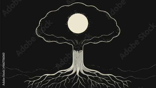 Illustration of a stylized tree with visible roots and a circular shape in the foliage area on black background silhouette