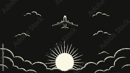Illustration of an airplane flying over a stylized sun and clouds in a dark monochrome setting silhouette