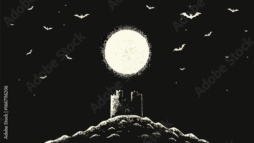 A dark night scene featuring a castle on a hill under a full moon with bats flying in the night sky silhouette