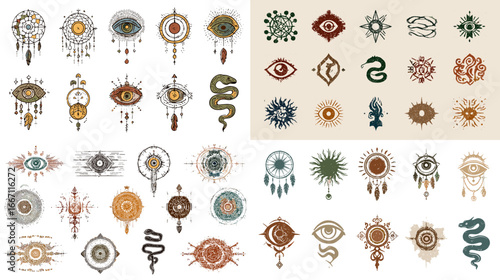 Collection of mystical eye, sun, moon, and snake symbols in boho style. Ideal for tattoos, spiritual art, occult design, and decorative graphics.