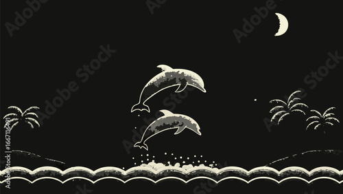 Two dolphins jumping out of the water under a crescent moon with palm trees and waves at night time silhouette
