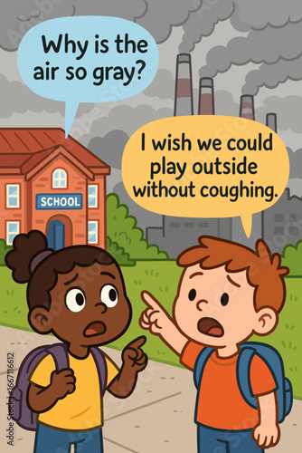 Cartoon illustration of two children outside school noticing air pollution and smoke from factories. Concept of environmental issues, climate change and clean air awareness
