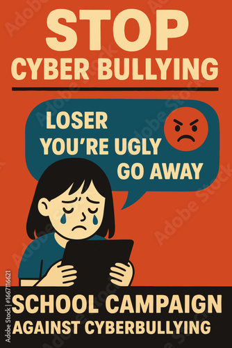 Cartoon illustration of a sad girl crying while facing online insults on tablet, promoting school campaign against cyberbullying. Concept of prevention, awareness and online safety
