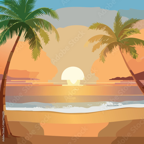 beach, sunset, palm, tree, tropical, sea, sun, sky, summer, ocean, landscape, island, nature, vector, silhouette, travel, sand, illustration, water, sunrise, holiday, palms, coast, vacation, coconut