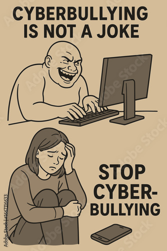 Hand-drawn illustration of a cyberbully laughing at computer while a sad girl sits crying with phone on the floor. Concept of online harassment, cyberbullying and prevention
