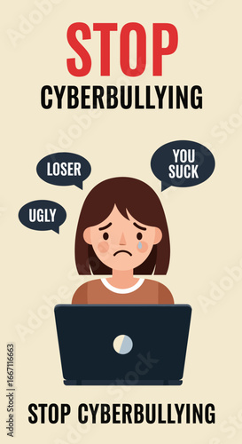 Flat vector illustration of a sad girl facing online bullying messages on laptop. Concept of cyberbullying, mental health awareness and digital safety
