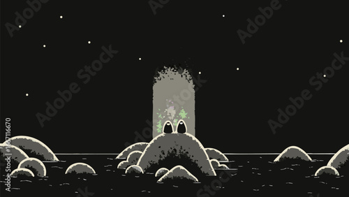 Two cartoonish eyes peering from a rock formation under a starry night sky with a light beam behind silhouette