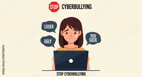Flat vector illustration of a sad girl crying at laptop while receiving online insults, promoting stop cyberbullying awareness. Concept of online safety and mental health
