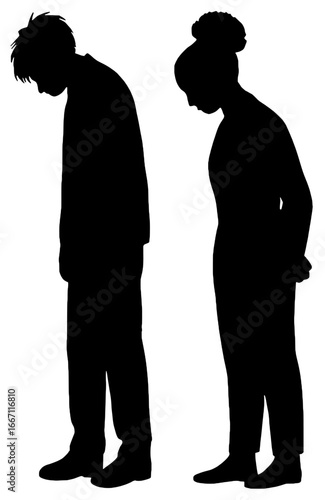 Silhouettes of a Man and a Woman Standing with Heads Bowed, Isolated on White Background