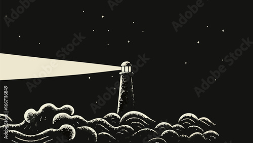 Lighthouse shining bright light over ocean waves under a starry night sky with dark background view scene silhouette