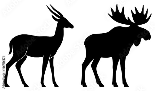 Silhouettes of a Deer and a Moose, Black Color Isolated on White Background
