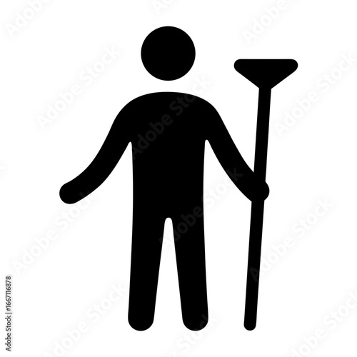Stylized pictograph of a person holding a long handled squeegee or tool