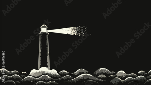 Lighthouse shining bright light over dark sea with waves in black and white illustration style image silhouette