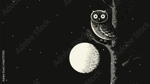 Owl perched on a tree branch at night with a full moon and stars in the dark sky creating a serene scene silhouette