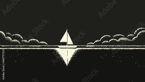 A lone sailboat sailing on a calm sea under a dark sky with clouds reflecting in the water surface silhouette