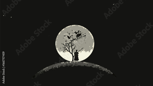 Silhouette of a warrior standing under a tree with a sword against a large moon in the night sky