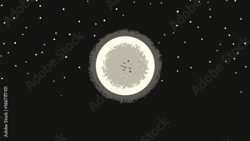 Illustration of a full moon in a dark night sky filled with stars in a simple cartoon style drawing silhouette
