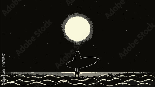 Silhouette of a surfer holding a surfboard standing on a beach under a full moon in a starry night sky