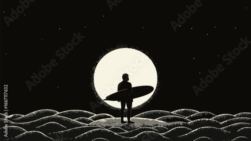 Silhouette of a surfer holding a surfboard at night with a full moon and starry sky over the ocean waves