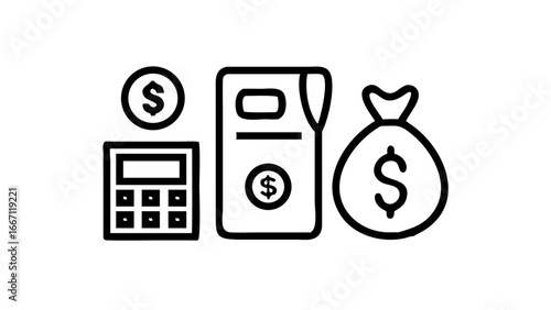 Calculator, coin, wallet, and money bag icon illustration.