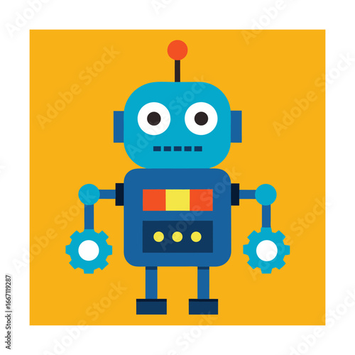 Blue cartoon robot with gears on a yellow background