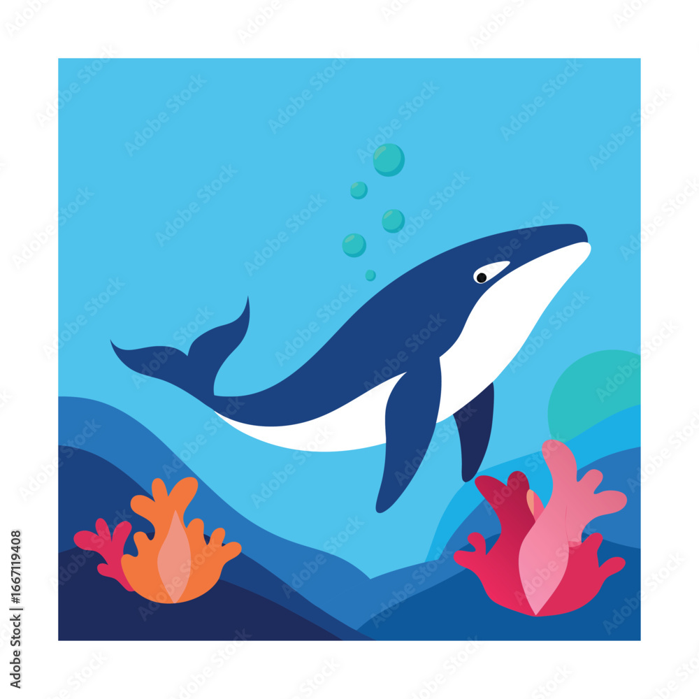 Fototapeta premium Blue whale swimming in ocean with coral marine life