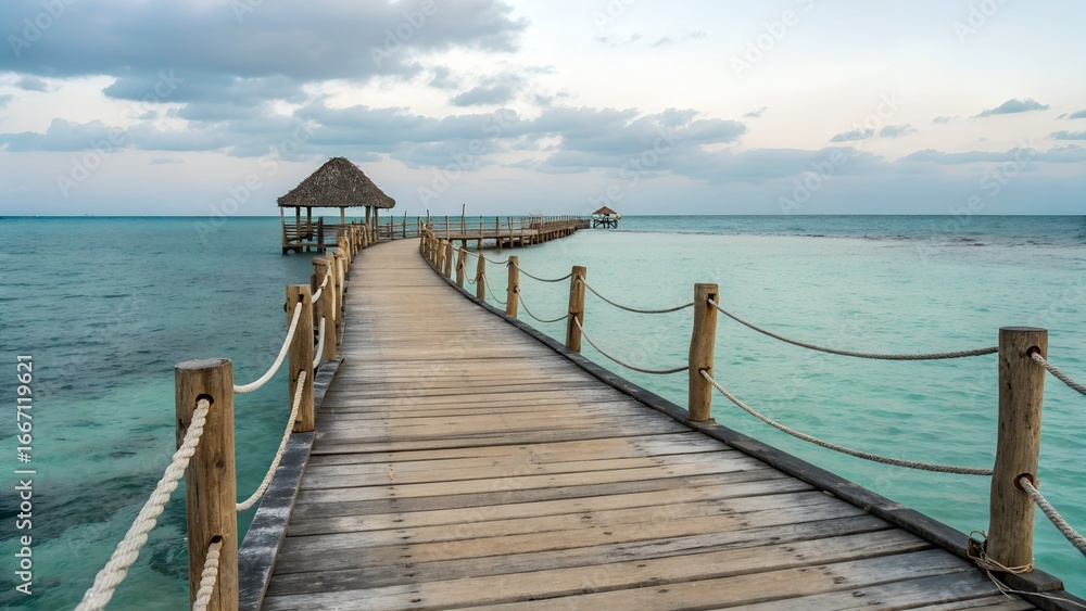 Obraz premium Wooden pier leading to a thatched hut over turquoise water