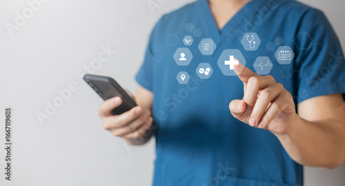 Canvas-taulu close up specialist doctor man hand hold smartphone to use program of telemedici