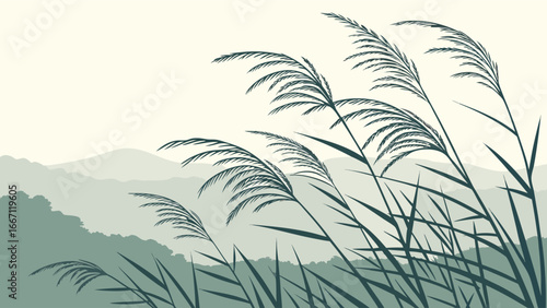 Vector illustration of tall grass blowing in the wind with mountains in the background.