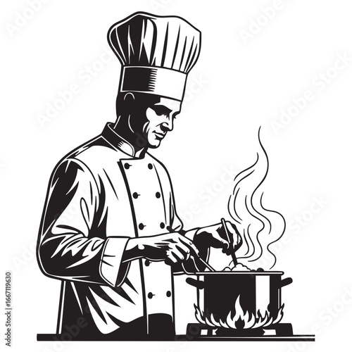 Chef Cooking Gourmet Food in Restaurant Kitchen Preparing a Delicious Meal with Passion and Expertise Black and White Illustration